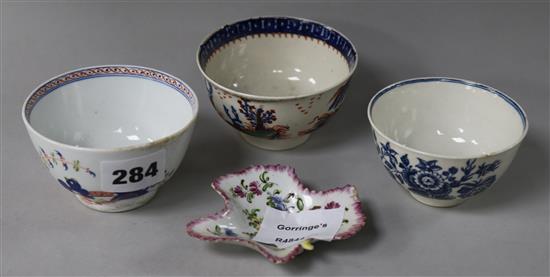 An 18th century Bow pickle dish, two Lowestoft tea bowls and a Caughley tea bowl	